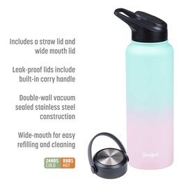 Goodful Double Wall Vacuum Sealed, Insulated Water Bottle with Two Interchangeable Lids, Sipping or Chugging Lids, Leak-Proof, Wide Mouth for Drinking and Cleaning, 40 Oz, Ombre Pink/Blue