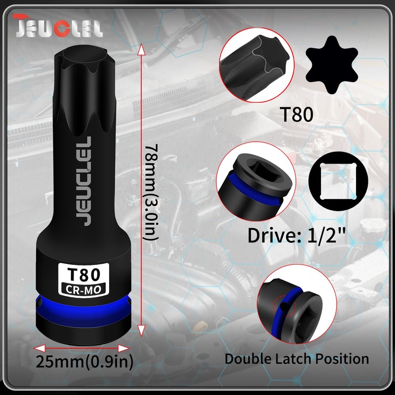 JEUCLEL T80 Torx Bit Socket, 1/2" Drive Torx Star 6