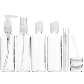 FiveSeasonStuff Travel Bottles for Liquids 100ml Set 9 Piece (3.5 fl oz) Travel Size Toiletries Leakproof Containers with Travel Bag and Labels (Transparent)