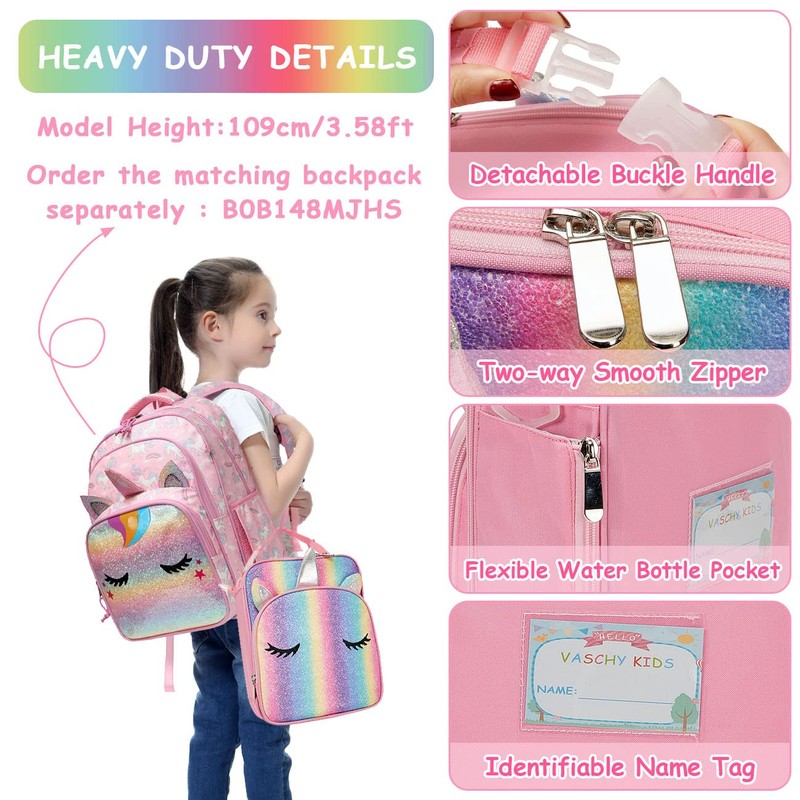 VASCHY Unicorn Lunch Box Bag for Kids, Insulated Reusable Glittery