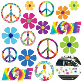 16 Pieces Hippie Flower Car Magnet Decorations 60s Theme Party Magnetic Decals Funny Fridge Magnets Flower Peace Car Sticker Love Sign Colorful Hippie Decals for Car Refrigerator Mailbox Decor