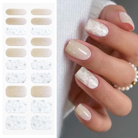 JMEOWIO Gel Nail Stickers White Flower Glitter Semi Cured Gel Nail Strips Wraps UV/LED Nails Art Design Decoration Accessories