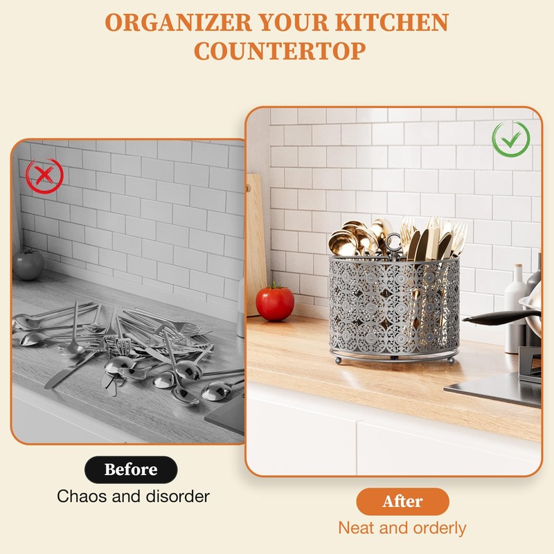 EKNITEY Rotating Utensil Caddy Countertop - Higher Raised Cutlery Caddy