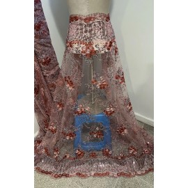 wowfabric4less123 Burgundy Pink Silver Embroidery Sequins Lace Fabric 50” Width 1 Yard