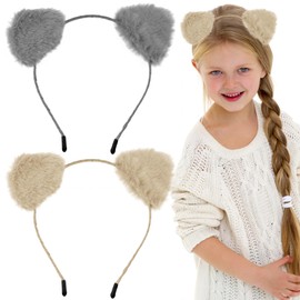 2PCS Cat Ears Headband,Plush Hair Band Cute Animal Ears Hair Hoop for Women Girls Brown Hair Accessories Birthday Party Supplies