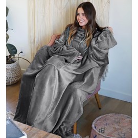 Tirrinia Wearable Fleece Blanket with Sleeves for Adult Women Men, Super Soft Comfy Plush Functional TV Blanket Wrap Cover for Bed Sofa Couch 73" x 51''