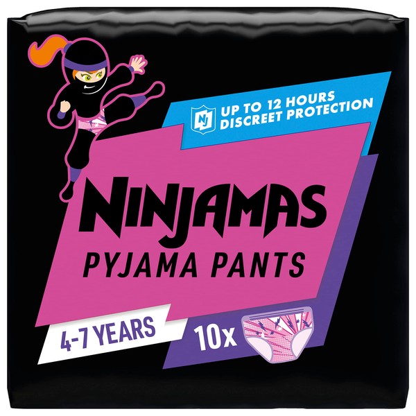 Ninjamas Absorbent Night Pants for Girls, 10 Pyjama Bottoms, 4-7 Years, 17-30 kg, Leak Protection for the Whole Night