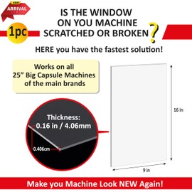 Acrylic Panel for Gumball Machines Globe - 1 Piece Replacement 16.15“ x 9.05” Panel Window for 25” High Capsule Vending Machines - Spare Panel fit Northwestern, Ackstar, A&A and Similar Size Machines