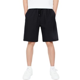 CAMLAKEE - Pantalones cortos deportivos para niños, de secado rápido, con bolsillos con cierre, Negro -, 12-13 Años