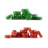 Set of under-size Crokinole disks (12 red, 12 green, 2