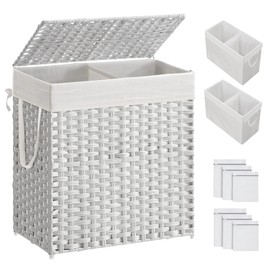 SONGMICS Laundry Hamper with Lid, 110L Clothes Hamper with 2 Removable Liner Bags, 6 Mesh Bags, Wicker Laundry Basket, Double Laundry Hamper for Laundry Room, 13 x 22.4 x 23.6 Inches, White ULCB52WT