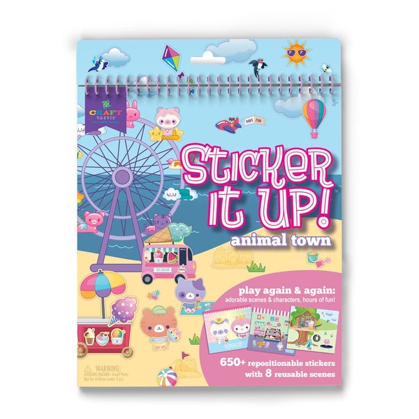 Craft-tastic Sticker It Up! – Reusable Sticker Book for Kids – 650+ Repositionable Stickers Create Designs on 8 Scene Pages for Hours of Mess-Free, Screen-Free Fun