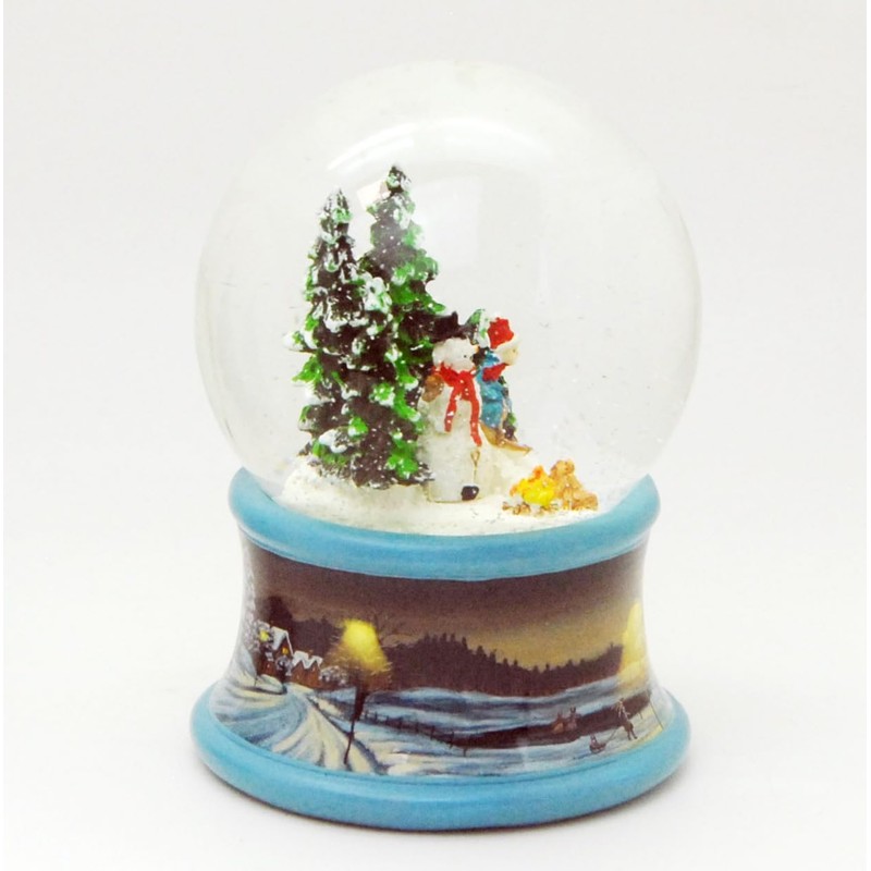 Snow Globe Snowman Standing Next to Child on Sleigh Base