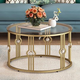 OIOG Glass Coffee Table for Living Room, Gold Coffee Table with Tempered Glass, Round Coffee Table for Office