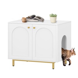 Hzuaneri Cat Litter Box Enclosure, Hidden Litter Box Furniture, Wooden Pet House Side End Table, Storage Cabinet Bench, Fit Most Cat and Litter Box, Living Room, Bedroom, White and Gold CB85003G