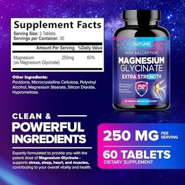 Built by Nature Glicinato de magnesio 250 mg - Suplemento de magnesio quelado de alta absorción - Glicinato de magnesio 100 puro - Suplemento para el