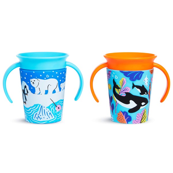 Munchkin WildLove Trainer Miracle 360 Cup, Toddler Cup Set, BPA Free Baby & Toddler Sippy Cups, Non Spill Cup, Dishwasher Safe Baby Cup, Leakproof Childrens Cup - 6oz/177ml, 2 Pack, Polar Bear/Orca