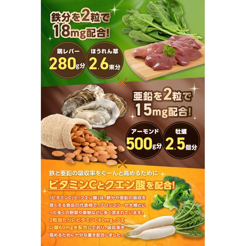 鉄分 亜鉛 【管理栄養士監修 鉄 18mg×亜鉛 15mg】 セレン ビタミンC クエン酸 竹炭