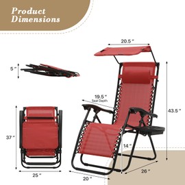 Athena Collection Patio Chairs Set of 2 Reclining Lounge Chair with Cup Holder and Pillow Fabric Camping Chairs with Canopy Foldable Beach Chairs for Garden, Park, Deck, Yard, Poolside, Maroon