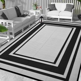 SatisInside Outdoor Rug 8x10 Ft Waterproof Plastic Straw Rugs for Patio,RV,Beach,Camping, Backyard,Porch, Picnic, Black&White