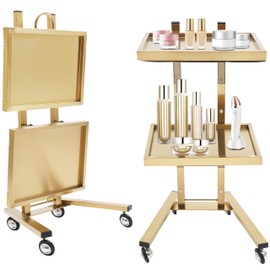 Folding Trolley Barber Beauty Salon Rolling Cart, Gold Moveable Esthetician Hairdressing Serve Trolley Spa Storage Sytem Home Utility Cart with Foldable Tray &Wheels for Commercial Home
