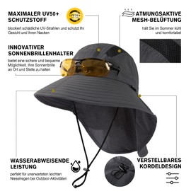 TOP-EX XL/XXL Unisex Sun Hat Men's Wide Brim Sun Protection Hat with Neck Protection Sunglasses Holder Outdoor Safari Summer Hat Waterproof & Foldable, 95560-dark grey