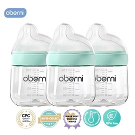 Oberni Breastfeeding Baby Bottles 5oz PP Anti-Colic with Natural Response Nipples, 2.36In Wide Neck Newborn Bottle for 0-6 Months Babies - Color: 3 Pack Blue