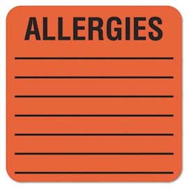 Tabbies Allergy Labels Fluorescent Red, 2"W x 2"H"Allergies" 500 Labels/Roll