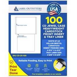 100 Label Outfitters Printable CD Jewel Case Insert Sets with 1 Tray Liner and one Front Booklet, 100 Sheets, 67# White Bristol Cardstock