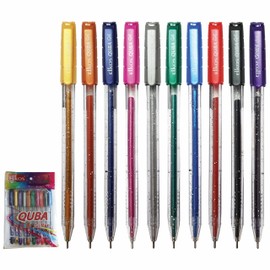 iQUBA Glitter Gel Pens, MULTICOLOUR, Medium Point (1.0mm), Pack of 10, Comfort Grip, Ideal for Write Colour Sketch Draw Use, iZOFAX Black Ball Pen