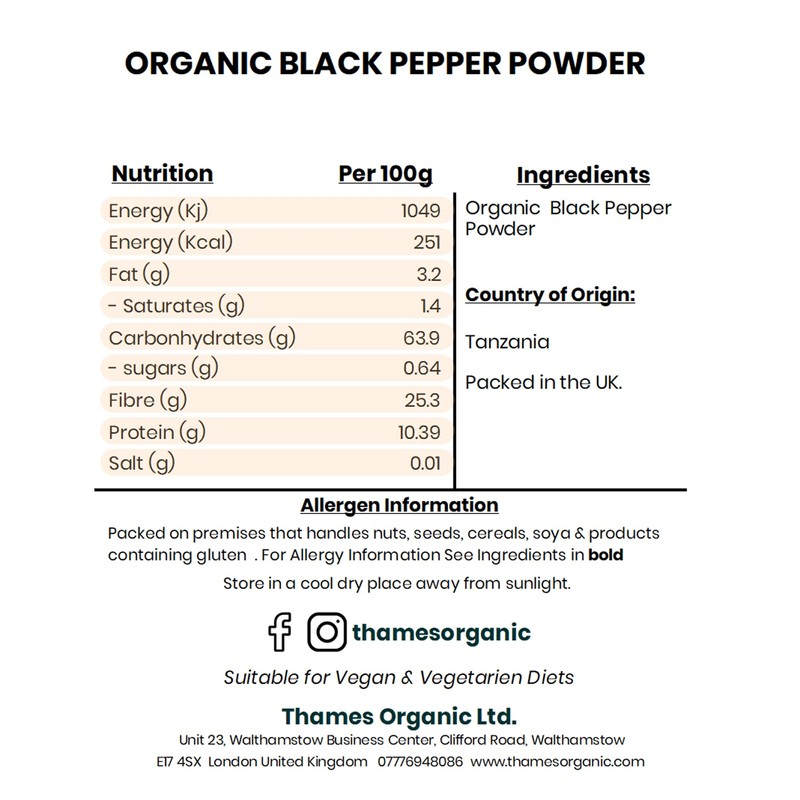 Organic Black Pepper Powder 250g- Strong Flavour, Non-GMO, No Additives