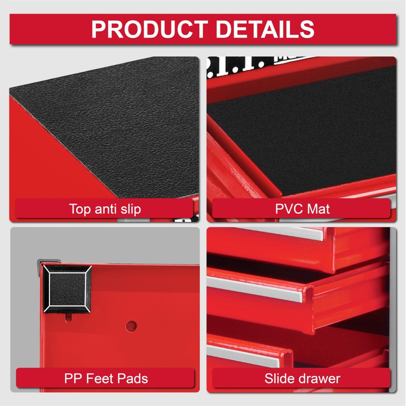 P.I.T. Mini Red Tool Box, Portable 3 Drawer Steel Stackable