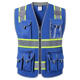 JKSafety 10 Pockets Hi-Vis Zipper Front Fluorescent Blue Safety Vest | Cushioned Collar | High Reflective Tapes with Extended Neon Yellow Strips | Meets ANSI/ISEA Standards (Large, 89-Blue)