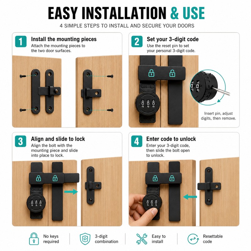 3-Digit Combination Sliding Latch Lock for Barn Doors, Cabinets and