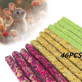 Grembeb Rabbit Toys, 46PCS Bunny Treat 3 in 1 Flower Flavored Timothy Hay Food for Hamster Molar Sticks Guinea Pig Chew Snack for Cleaning Teeth Indoor Pet Chinchilla Squirrel Gerbil Hedgehog Chipmunk