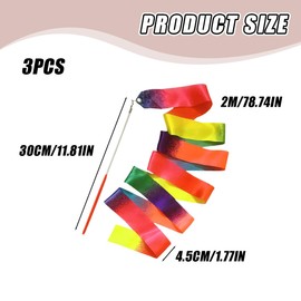 Rhythmic Sports Gymnastics Band, Pack of 3 Premium Gymnastics Bands with Rod, Children's Rainbow Band, Band for Dance, Gymnastics, Rhythmic Sports Gymnastics, Circus, Ideal Gift for Girls, 2 m