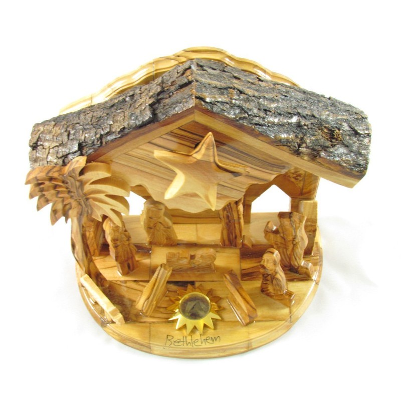 Olive Wood Rotating Star Musical Nativity Scene - Plays Silent
