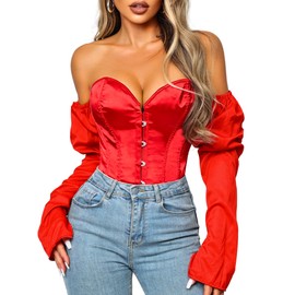 Kaei&Shi Long Sleeve Corset Tops,Off The Shoulder Overbust Corsets Top,Strapless Renaissance Costume Women Red Small