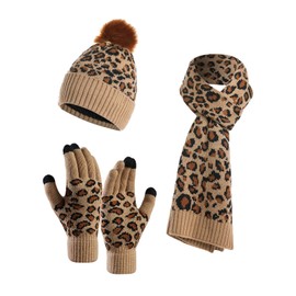 YoungSoul 3 Pieces Winter Knitted Set Leopard Print Warm Bobble Hat Scarf and Gloves Women Girls Khaki