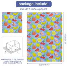 Watermelon Cherries Lemon Orange Slices Citrus Banana Pineapple Fruit Wrapping Paper-(28"x20" Per Sheet, 4-Sheets, 1-Designs: 15 sq. ft. ttl), for Kids Birthday Summer Wedding Baby Showers Holiday Party Decorations