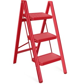 3 Step Ladder Stool for Adults, Folding Steel Step Stool w/Wide Anti-Slip Pedal, Ergonomic Design & Handrail, Lightweight, Portable for Home/Kitchen/Office,Red