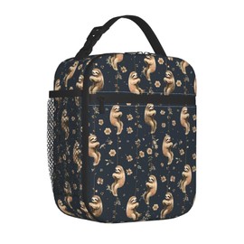 amepay Sloth Polyester Lunch Box for Kids Teen,Cute Reusable Thermal Lunch Bag for Adult Women,Dark Insulated Tote Cooler Bags for School,Work,Picnic,Travel,Playful Night Floral Theme