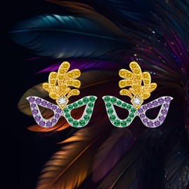 Mardi Gras Earrings for Women Small Mardi Gras Stud Earrings Sterling Silver Face Mask Feather