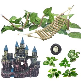 Tfwadmx Bearded Dragon Tank Accessories Reptile Castle Gecko Climb Habitat Decor with Wooden Ladder Terrarium Plants Decoration for Lizards,Snakes,Chameleons