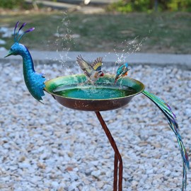 HLQMFHT 36" H Peacock Bird Baths for Outdoor, Metal Bird Feeder Seed Trayr,Outdoor Bird Bath,Garden Lawn Yard Decor