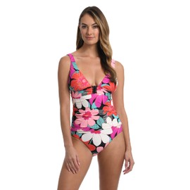 La Blanca Women's Standard Over The Shoulder Front Knot Tankini Swimsuit Top, Multi//in Full Bloom, 6