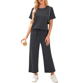 WIHOLL Workout Sets for Women 2 Piece Short Sleeve Summer Cruise Business Casual Outfits 2025 Going Out Two Piece Sets Women's Clothing Short Sleeve Crew Neck Tracksuits Dark Grey M