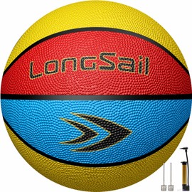 Longsail Youth Adults Size 7 Basketball, 29.5" Premium Rubber Basketballs with Pump for Indoor Outdoor, Beach and Pool Water Basketball (Red/Yellow/Blue Size 7 (29.5"))