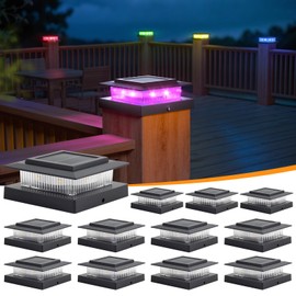 APONUO 12 Pack Solar Post Cap Lights RGB Color Changing - 8 Solid Colors & Flowing Multicolor, IP65 Waterproof for 4x4 Wood/Vinyl Posts, Auto On/Off Deck Fence Patio Garden Lighting, Black