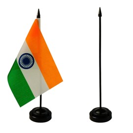 1 American and 1 Indian 8"x5" Miniature Desk & Table Flag, Includes 2 Flag Stands & 2 Small Mini Stick Flags, USA American & India Flags,India Room Flag